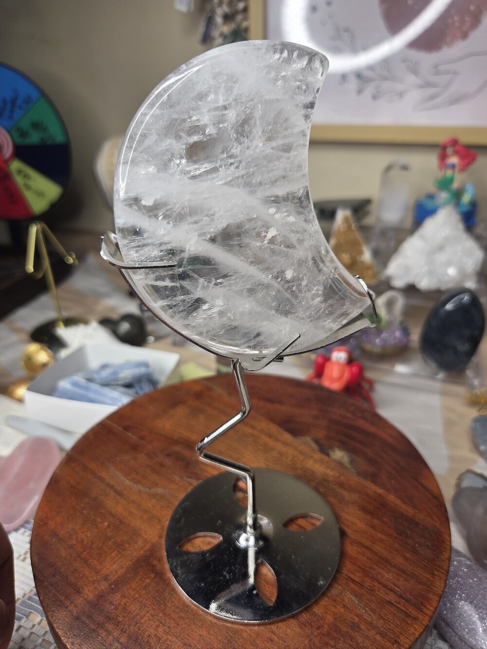 Clear Quartz Moon On Silver Stand
